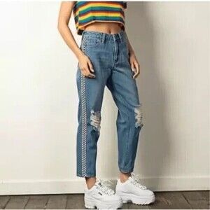 Empyre Eileen Mom Jeans Distressed Destroyed Checkered Side Trim Med 3 (30x27)